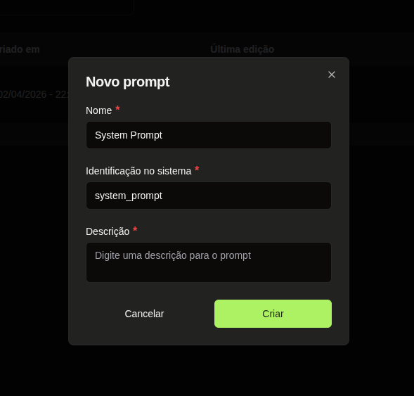 Modal de criação de Prompt